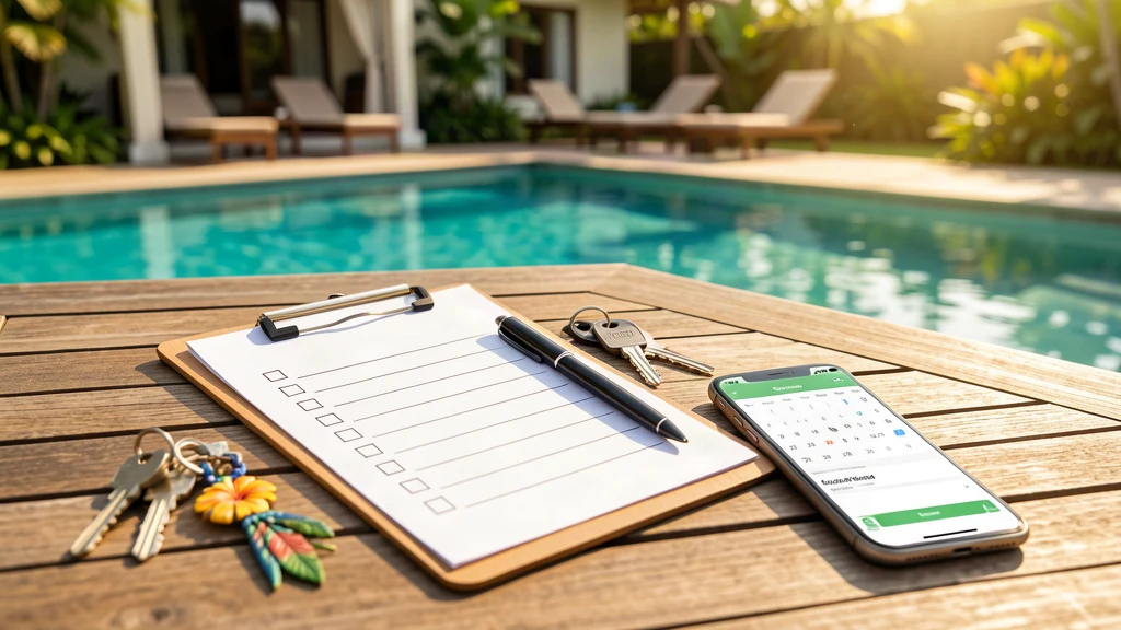 Villa booking checklist, house keys and phone with booking calendar next to a private pool terrace