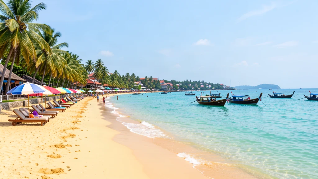 Patong Beach in Phuket with golden sand, colorful beach umbrellas, longtail boats and turquoise sea