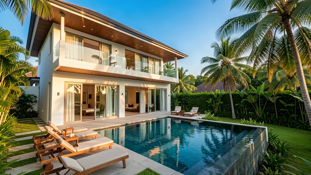 Modern two-story pool villa in Patong with private infinity pool, sun loungers and tropical palm garden